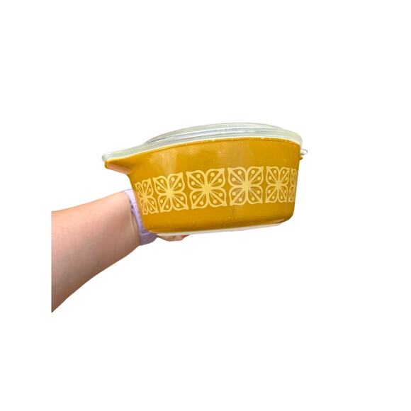 Pyrex Mustard Autumn Floral / RARE Vintage Promo Pyrex 474  Square Round Flowers - Picture 4 of 4